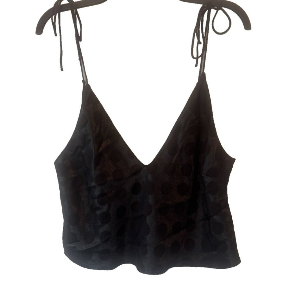 Victorias Secret Black Polka Dot Satin Tie Shoulder Camisole Top L Y2K Goth Punk